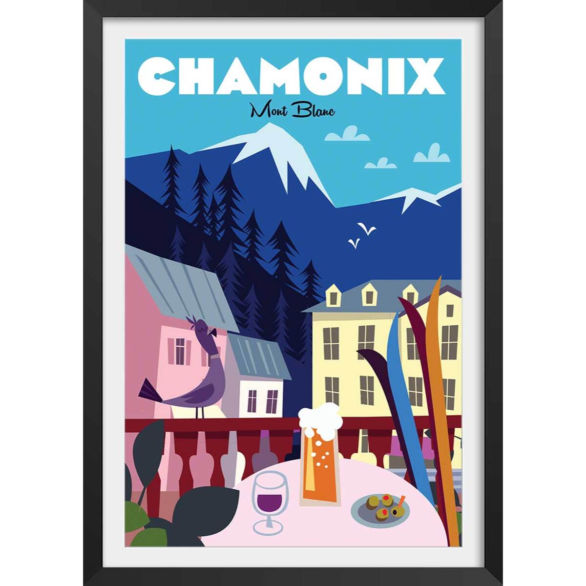 Affiche Chamonix Mont Blanc Affiche + cadre en bois - Noir