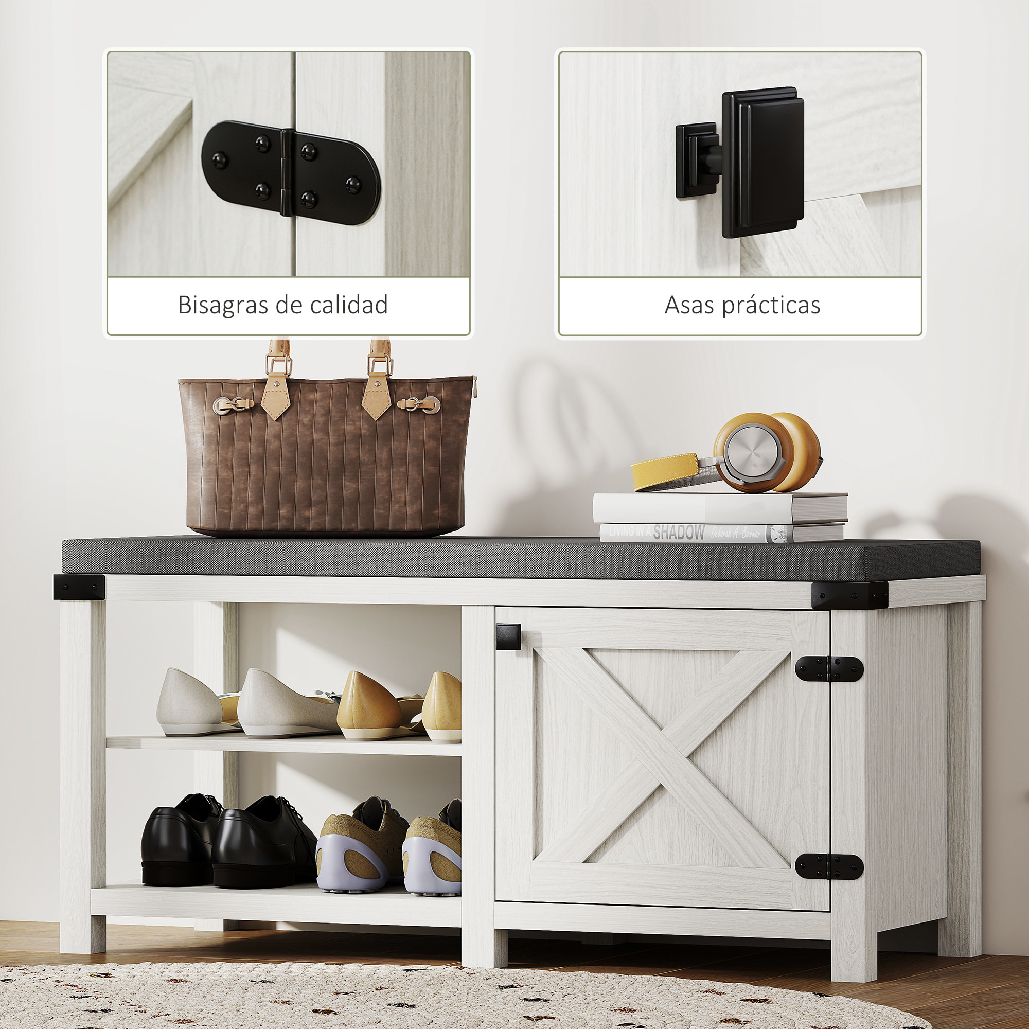 Banco Zapatero Rústico Zapatero con Asiento Organizador de Zapatos con Compartimentos Cojín para 7 Pares de Zapatos para Entrada Salón Dormitorio 100x40x48 cm Blanco y Gris