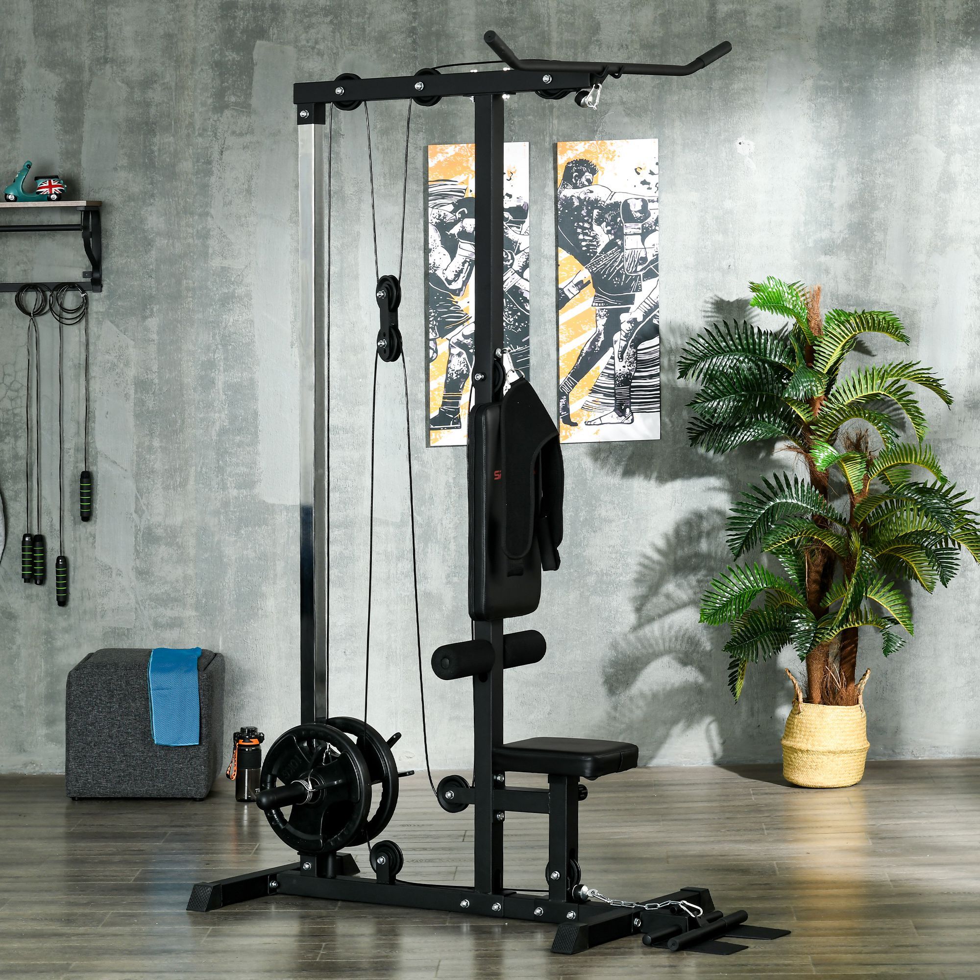 Station de musculation tirage poitrine - lat pulldown machine - bande de résistance, siège réglable - noir