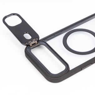 Custodia trasparente con copertura della fotocamera ribaltabile che funziona come supporto, bordi neri. MagSafe per iPhone 17 Pro Max.