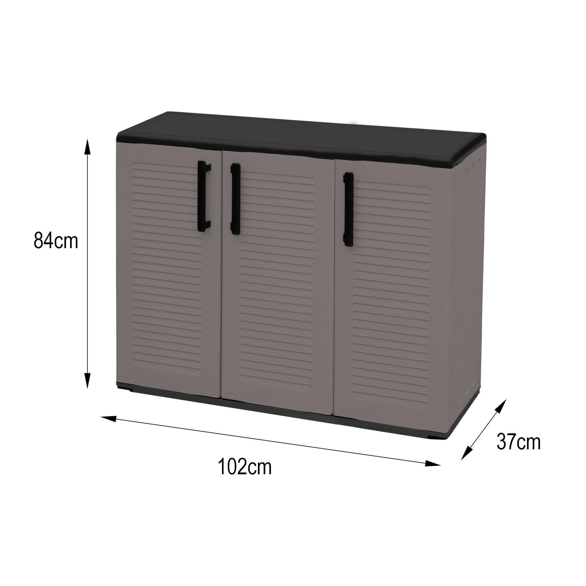 Armadio multiuso da esterno o interno, Mobile a 3 ante e 1 ripiano in polipropilene, 100% Made in Italy, cm 102x37h84, colore Grigio