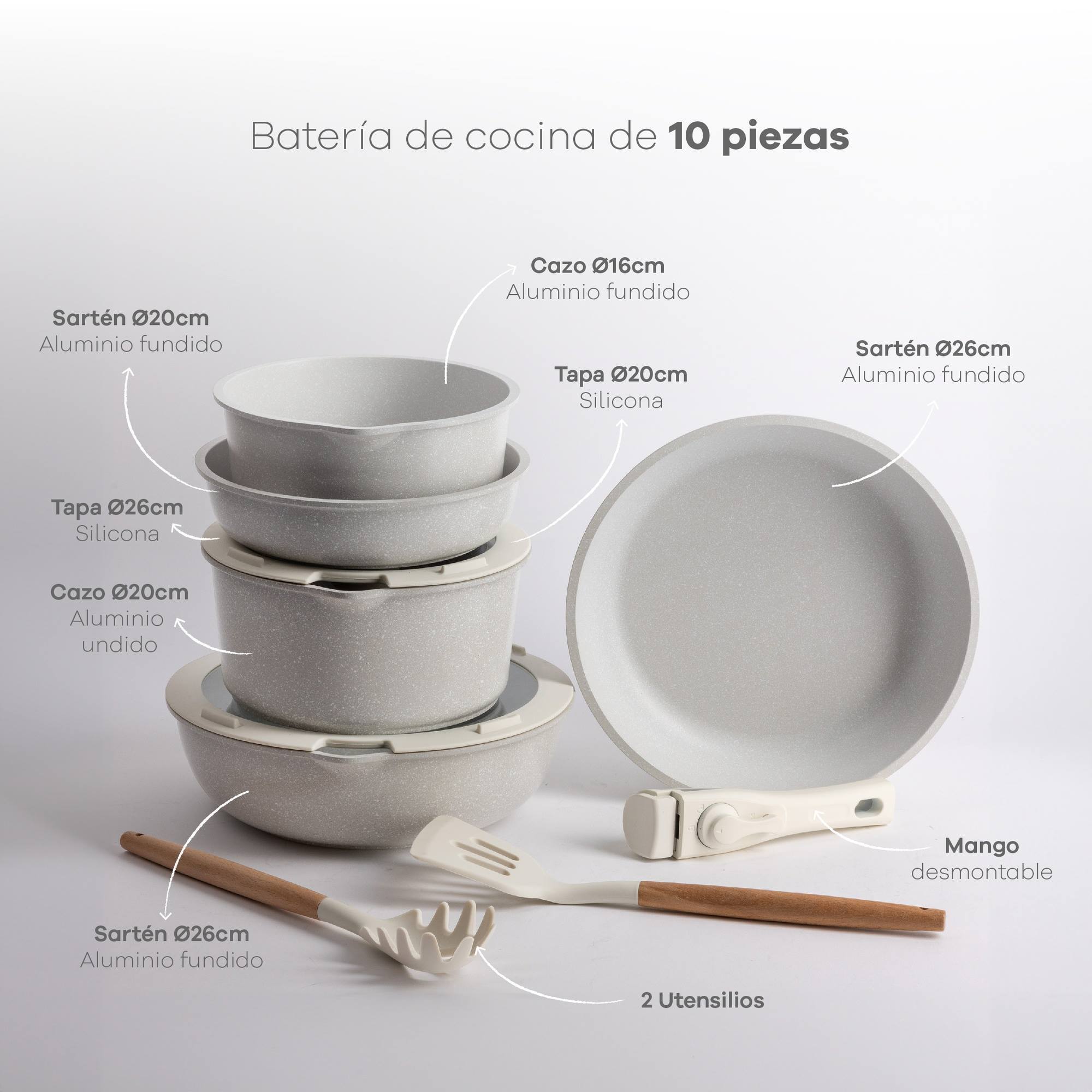 Batería de cocina 10 pzs beige/mango extraíble,3 sartenes,2 cazos,tapas y utensilios/aluminio fundido revestimiento antiadherente