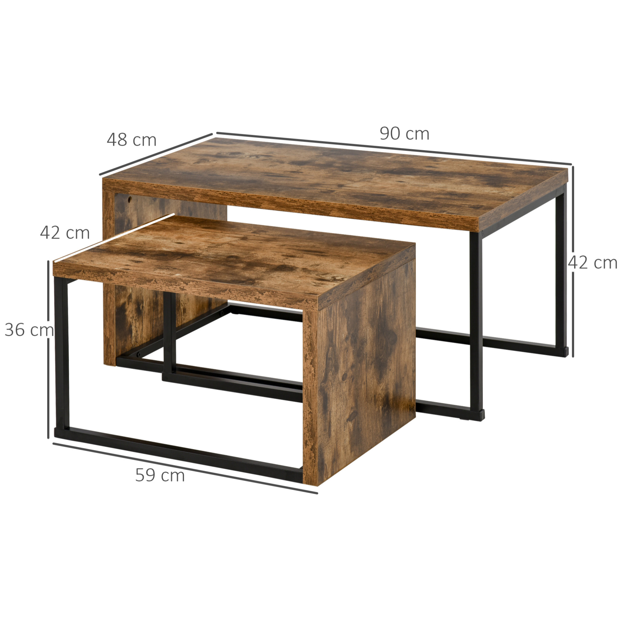 Lot de 2 tables basses gigognes design industriel encastrable dim. grande table 90L x 48l x 42H cm métal noir aspect vieux bois