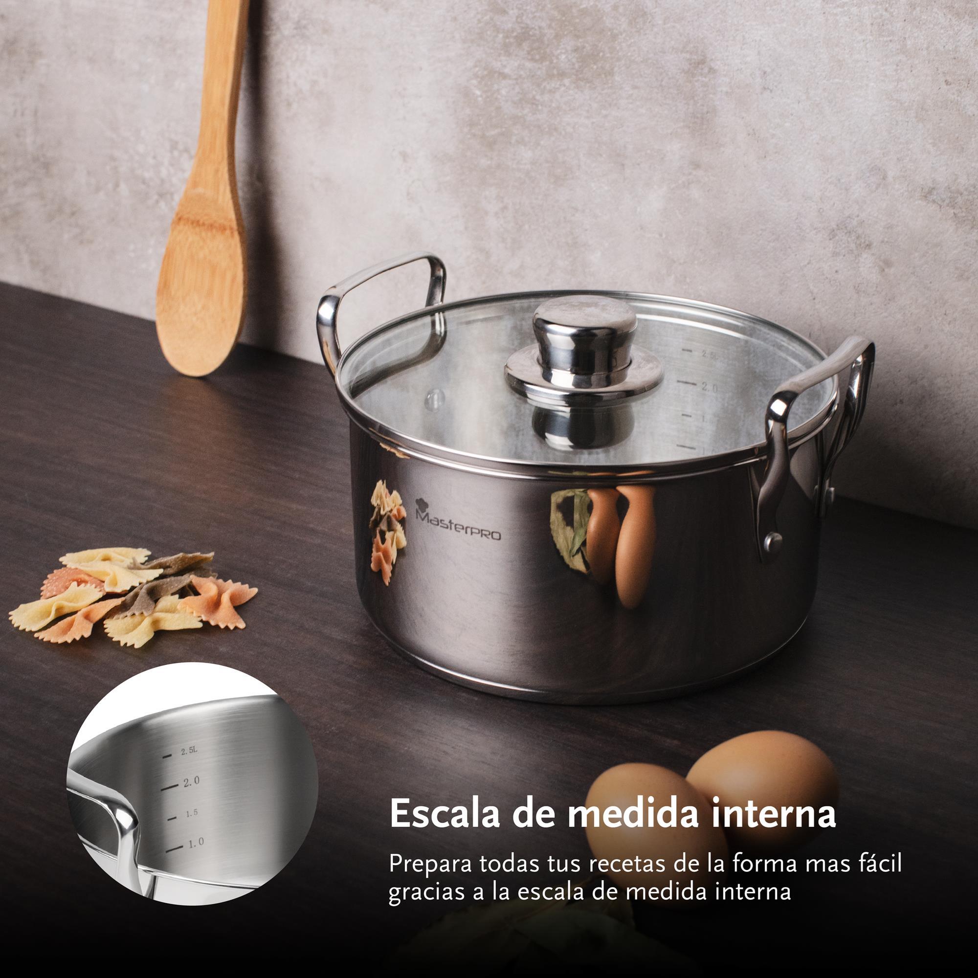 Juego de 3 cacerolas con tapas ø20ø24ø28cm en acero inoxidable y 3 utensilios de cocina masterpro