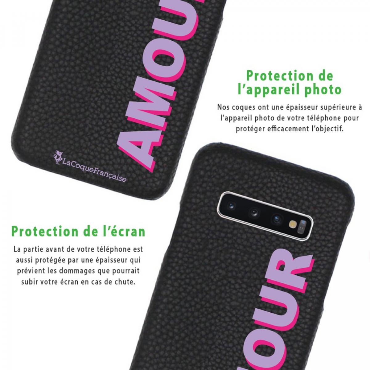 Coque Samsung Galaxy S10 effet cuir grainé noir Amour parme et fushia Design La Coque Francaise