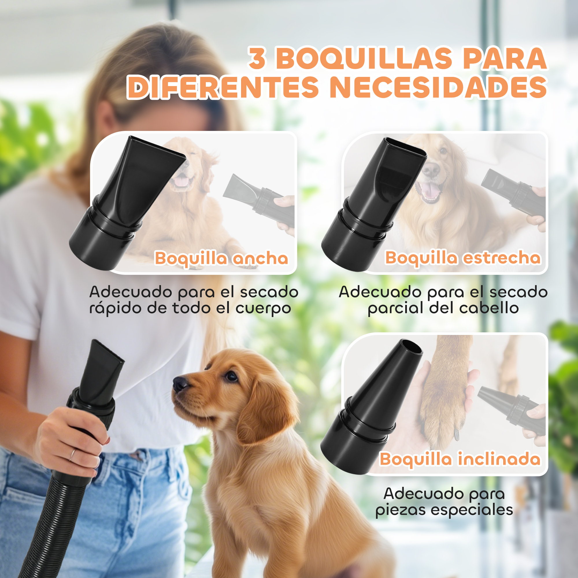 Secador de Perros Secador de Pelo para Perros 2200 W Velocidad y Temperatura Ajustables 3 Boquillas Pantalla Digital para Aseo Ducharse Secarse Blanco