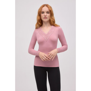 Maglietta termica con scollo a V e dettagli in pizzo rosa