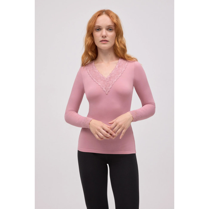 Maglietta termica con scollo a V e dettagli in pizzo rosa