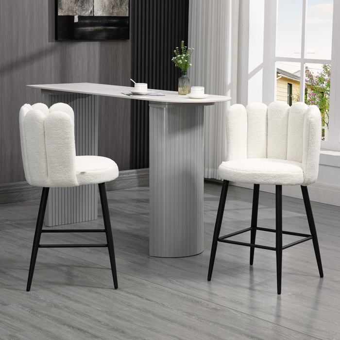 Lot de 2 tabourets de bar design contemporain - repose-pied - acier noir revêtement effet laine bouclée blanc