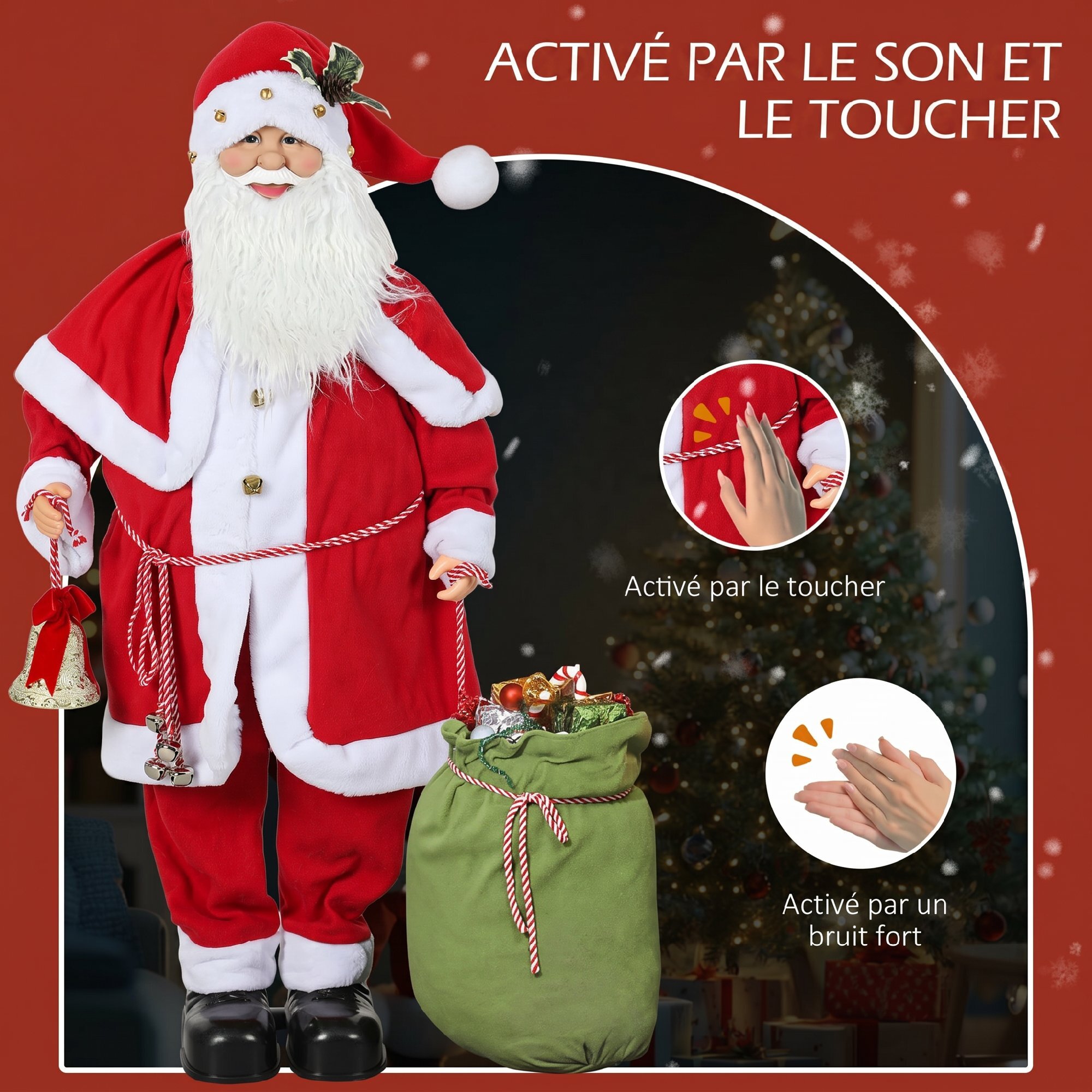 Figurine de Père Noël debout H.140 cm hotte cloche effets sonores mouvements