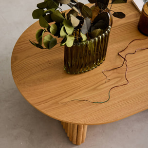 Table basse ovale bois d'hévéa placage chêne GABRIELLE