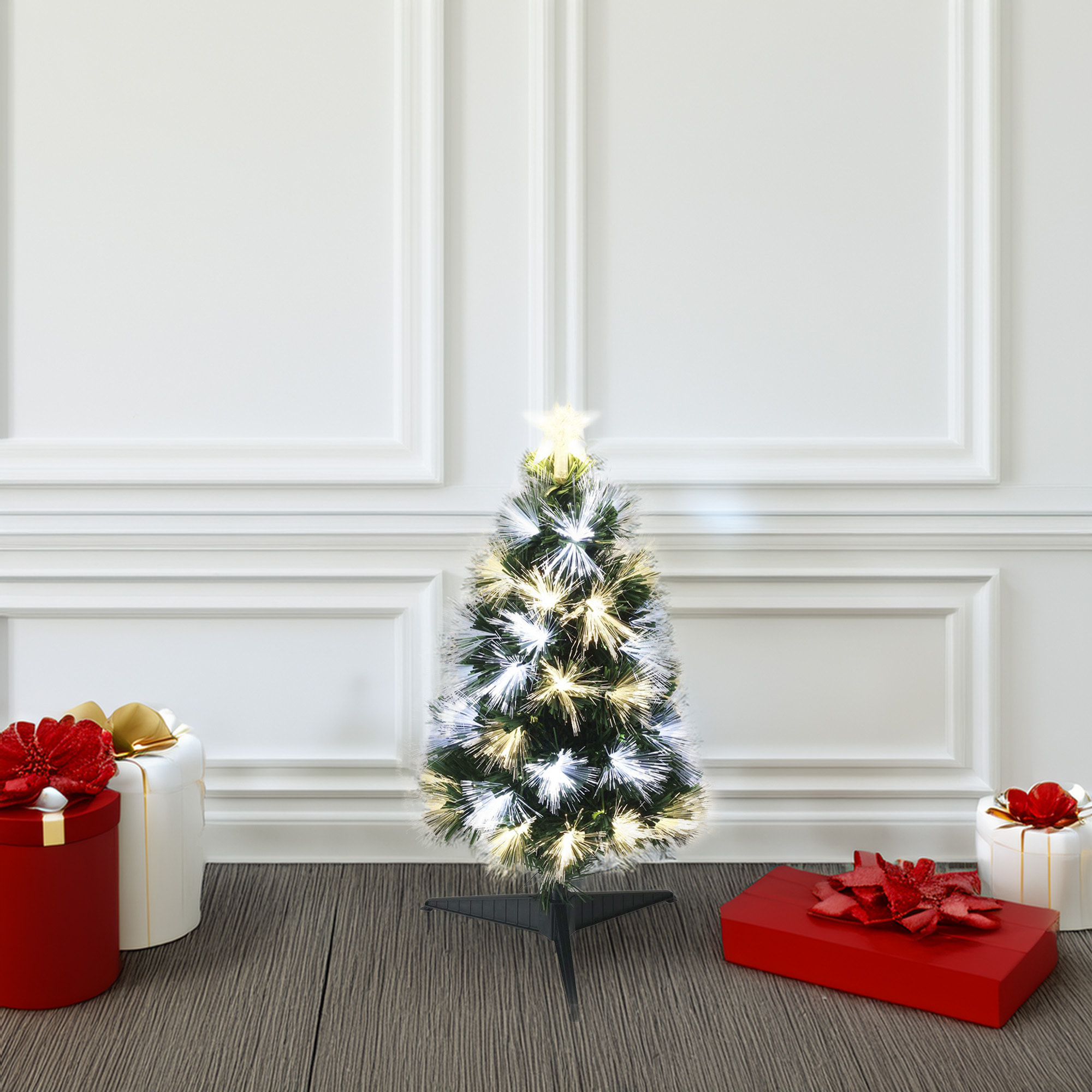 Árbol de navidad de fibra óptica con 60 luces led blanco y blanco cálido y 8 funciones de color h.60cm