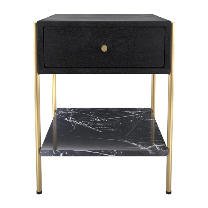 Table de chevet 1 tiroir en bois noir et métal doré - Doori