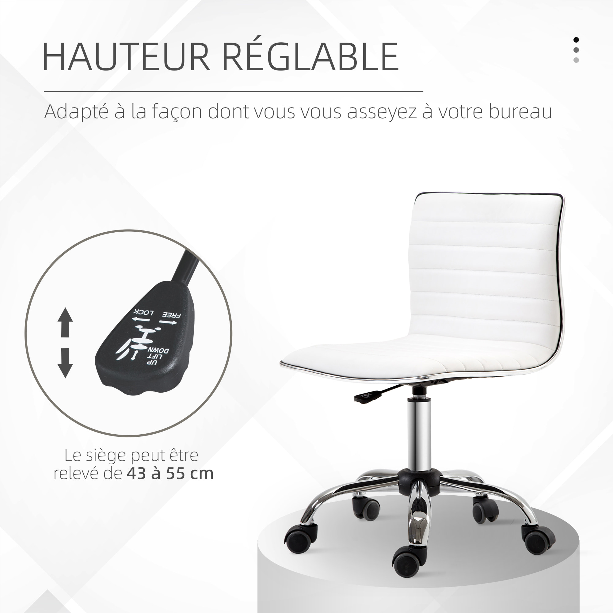 Chaise de bureau design style Chesterfield acier chromé revêtement synthétique blanc