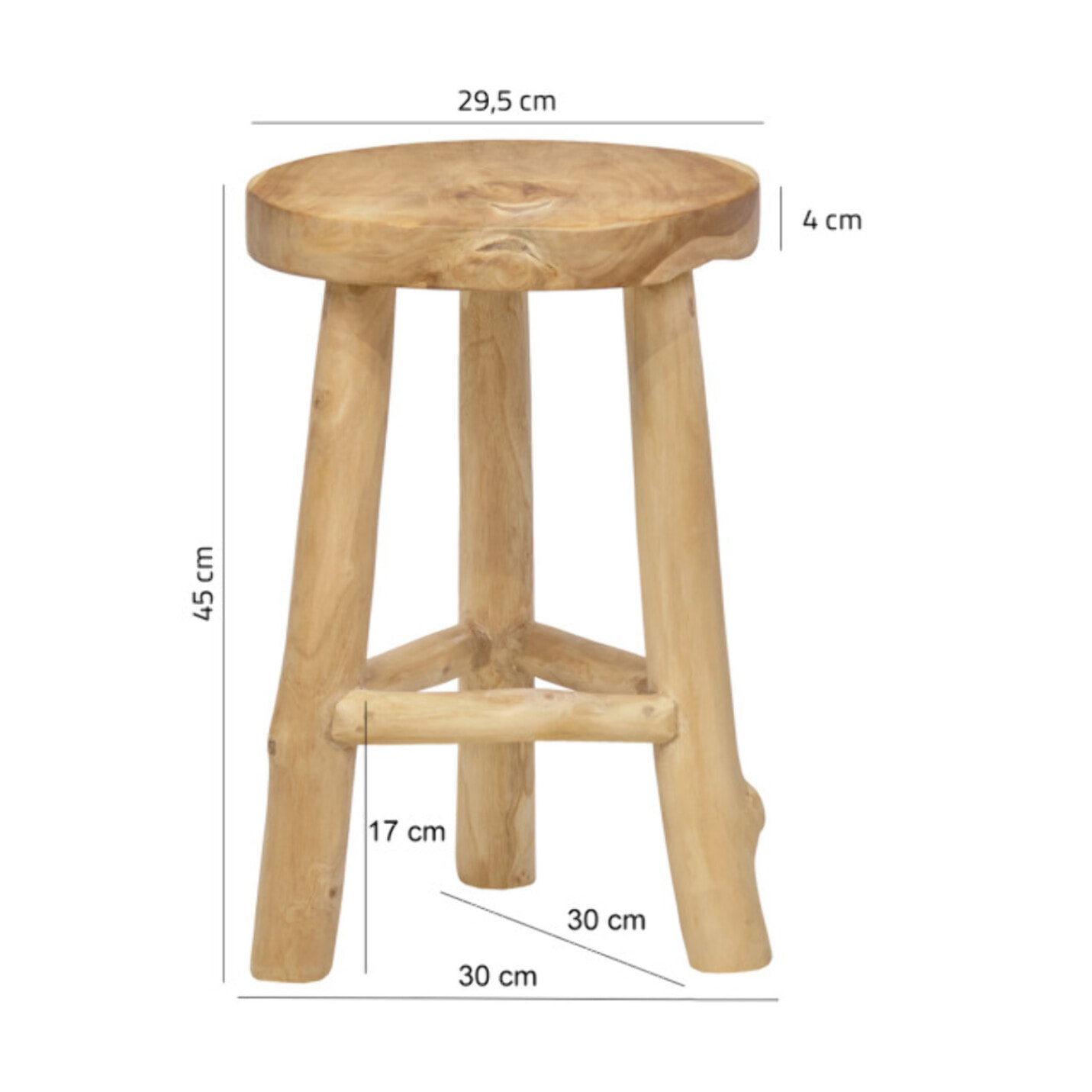 Tabouret rond artisanal 45 cm de haut en bois de teck - PLUTO