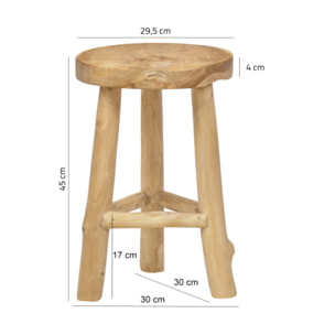 Tabouret rond artisanal 45 cm de haut en bois de teck - PLUTO