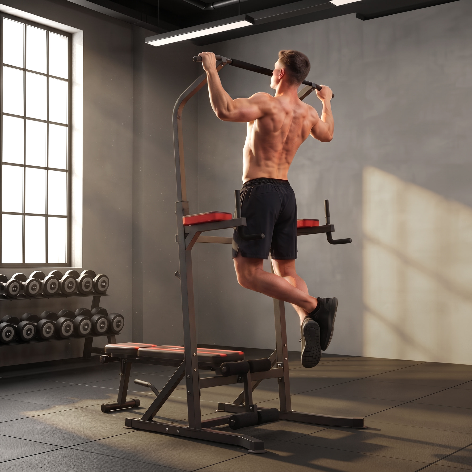 Estación de Musculación Plegable Torre de Entrenamiento Altura Ajustable con Barra de Dominadas Banco Reclinable para Fitness en Casa Gimnasio Carga 150 kg Antideslizante Acolchada Negro y Rojo