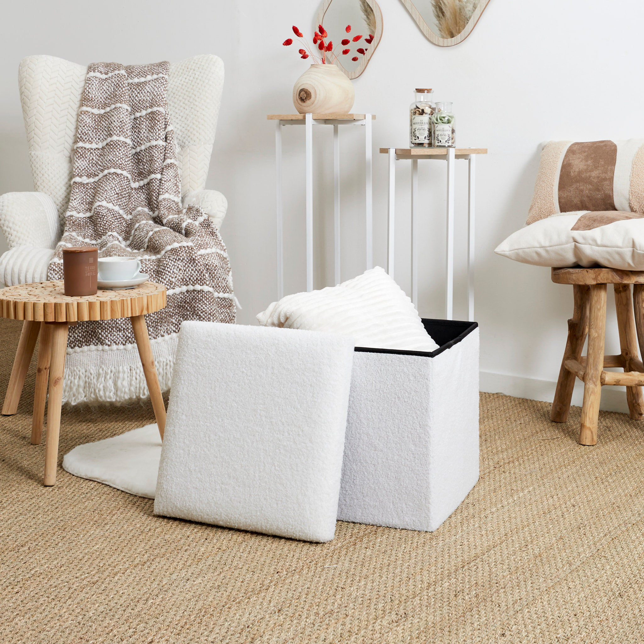 Coffre Pouf Pliable Bouclette Blanc - Lot de 4