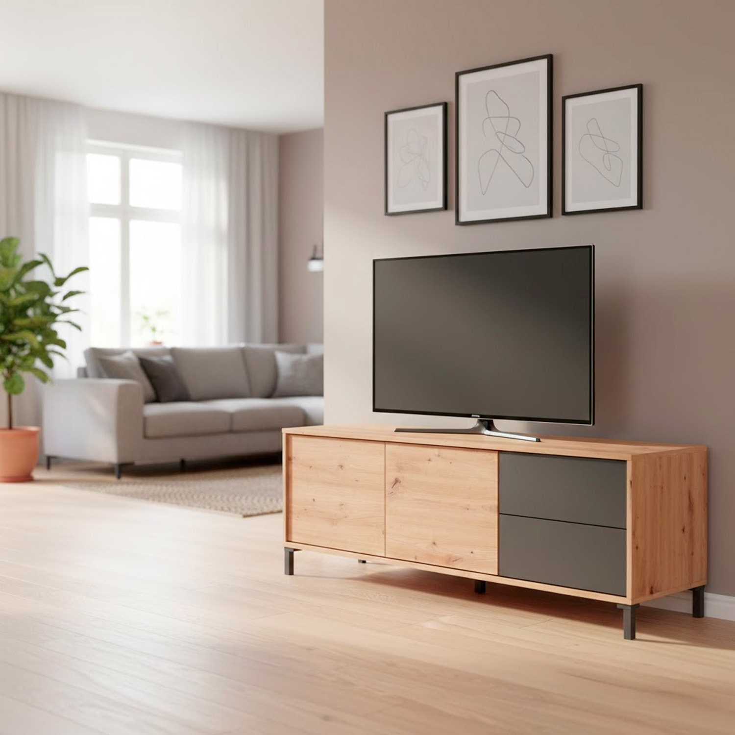 Mobile TV Madia Credenza Moderna Con 2 Ante E 2 Cassetti Mobile Contenitore Soggiorno Sala Pranzo Apertura Push 47x130x41 Cm Rovere e Grigio Antracite
