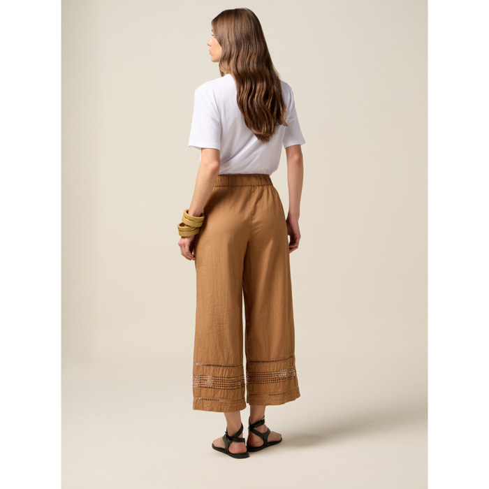 Oltre - Pantalones de muselina con inserto de encaje - Marrón
