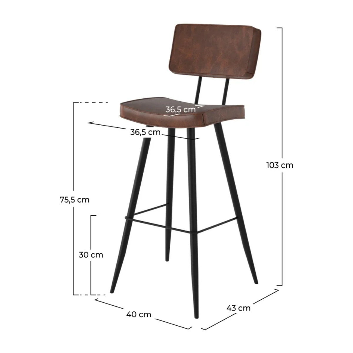 Lot de 2 chaises de bar marron en cuir synthétique 75.5 cm - Texas