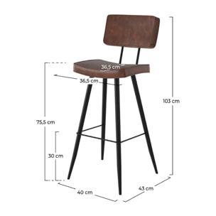 Lot de 2 chaises de bar marron en cuir synthétique 75.5 cm - Texas