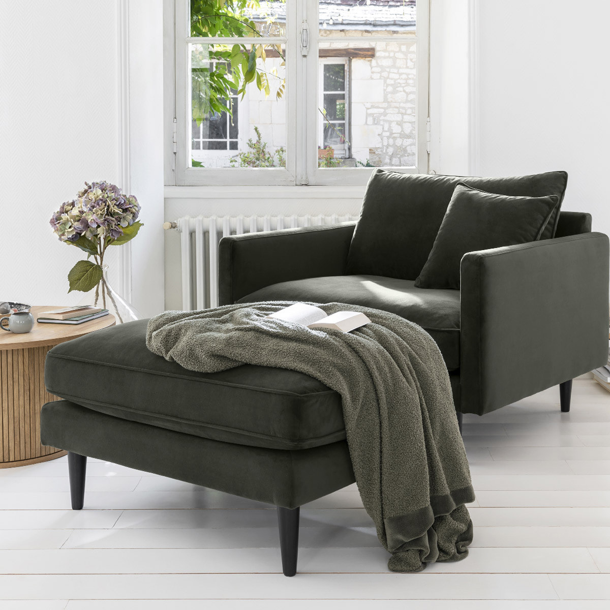 Pouf "Candice" - velours - vert kaki