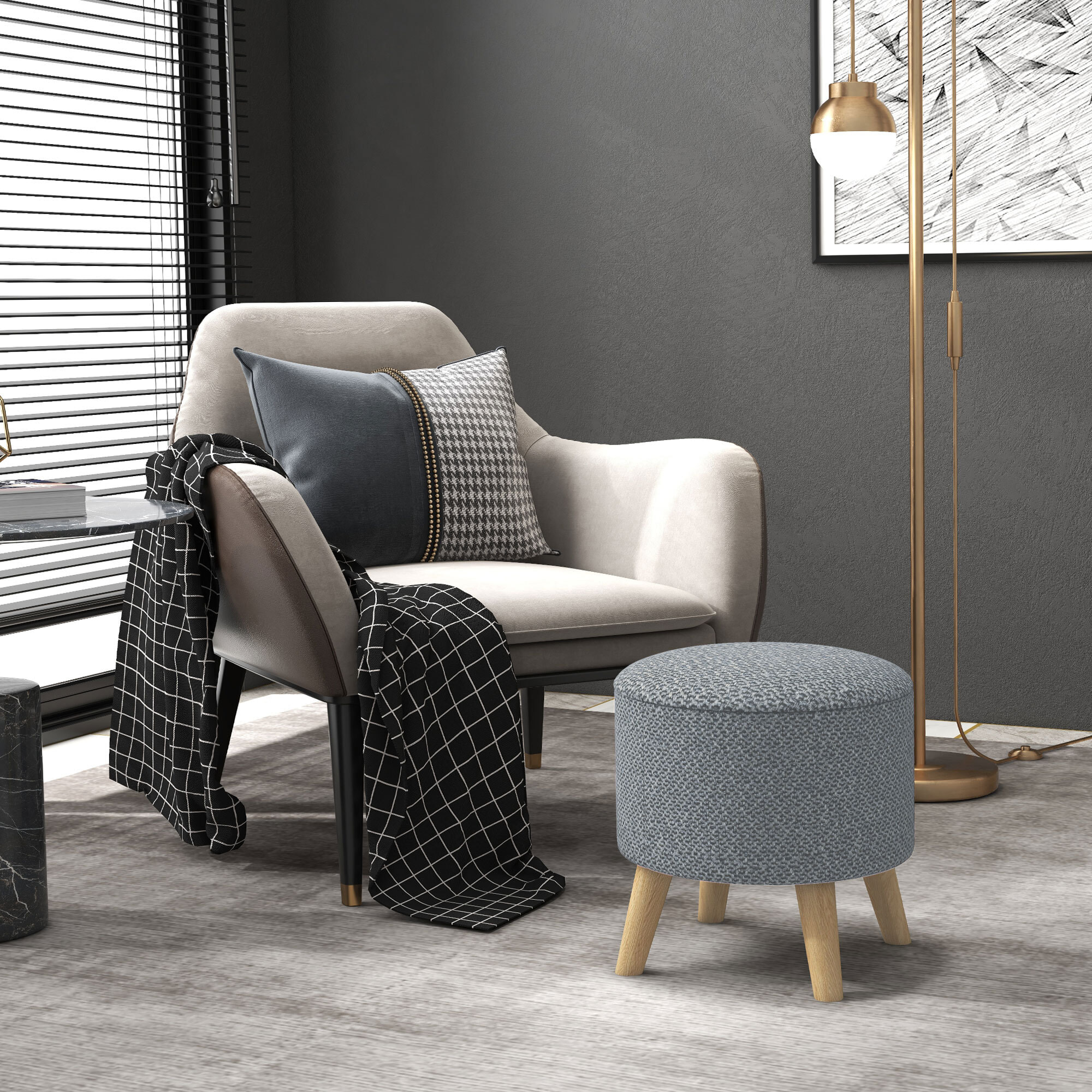 Pouf repose-pied tabouret avec coffre de rangement - pieds bois tissu aspect lin gris