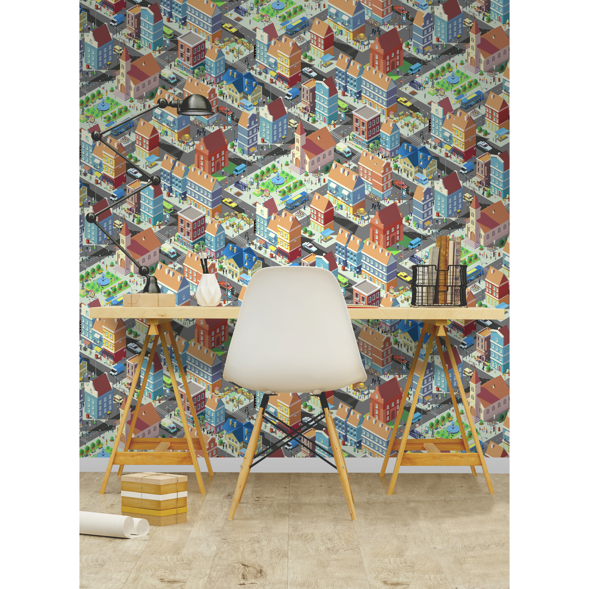 Papier peint enfant ville isométrique colorée