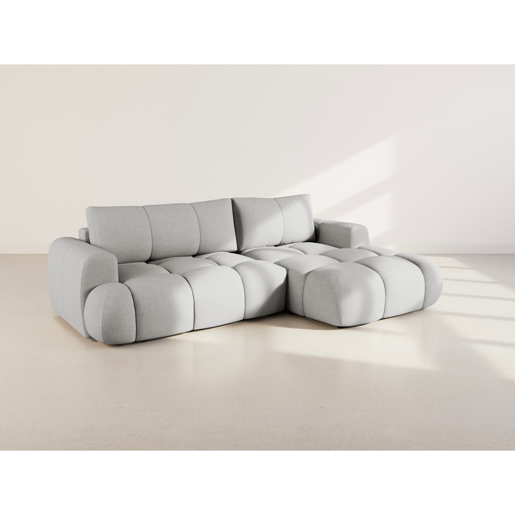 Yulin - Canapé d'angle droit 4 places convertible avec coffre en tissu bouclette - Gris clair