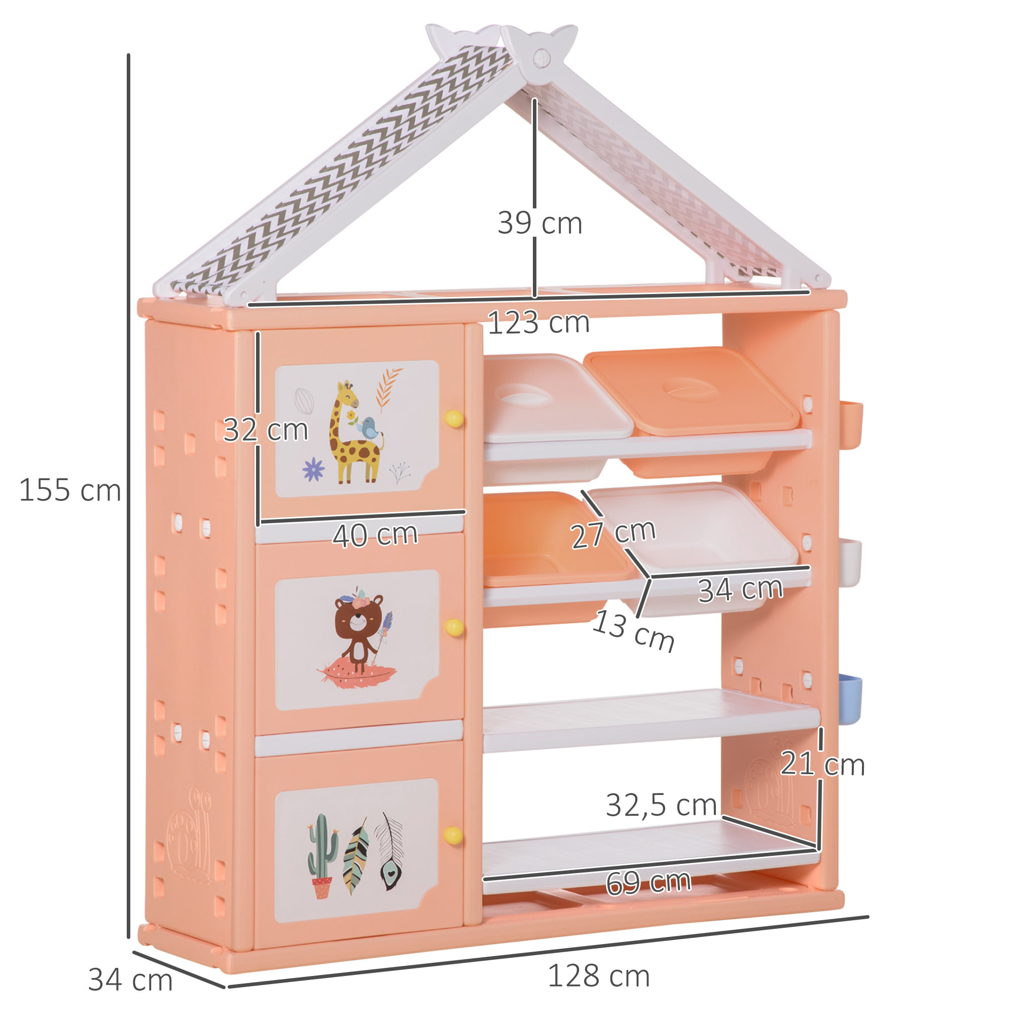 Estantería Infantil de Juguetes con Cajas Estantes y Cestas 128x34x155cm Naranja