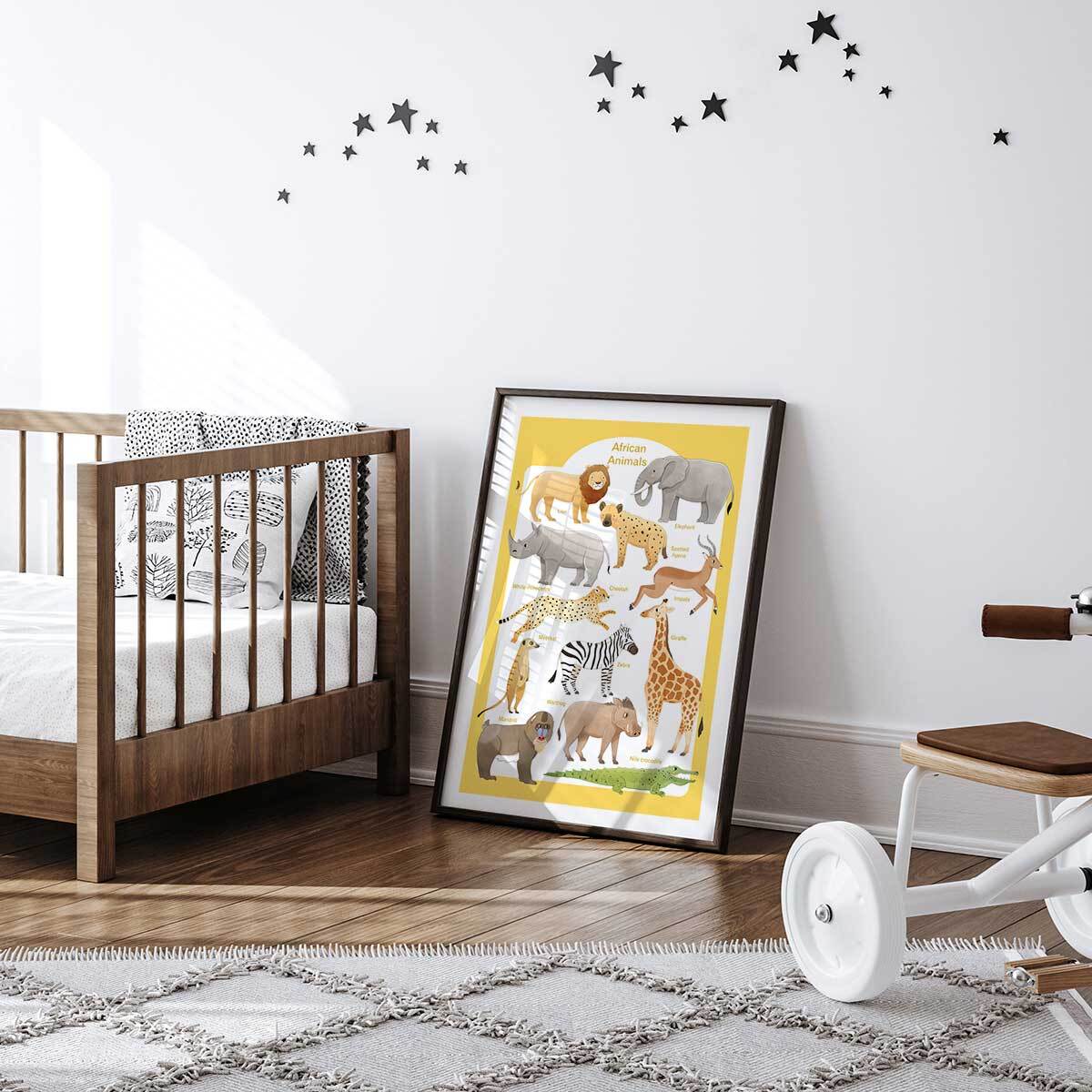 Affiche enfant animaux d'afrique  Affiche + cadre en bois - Noir