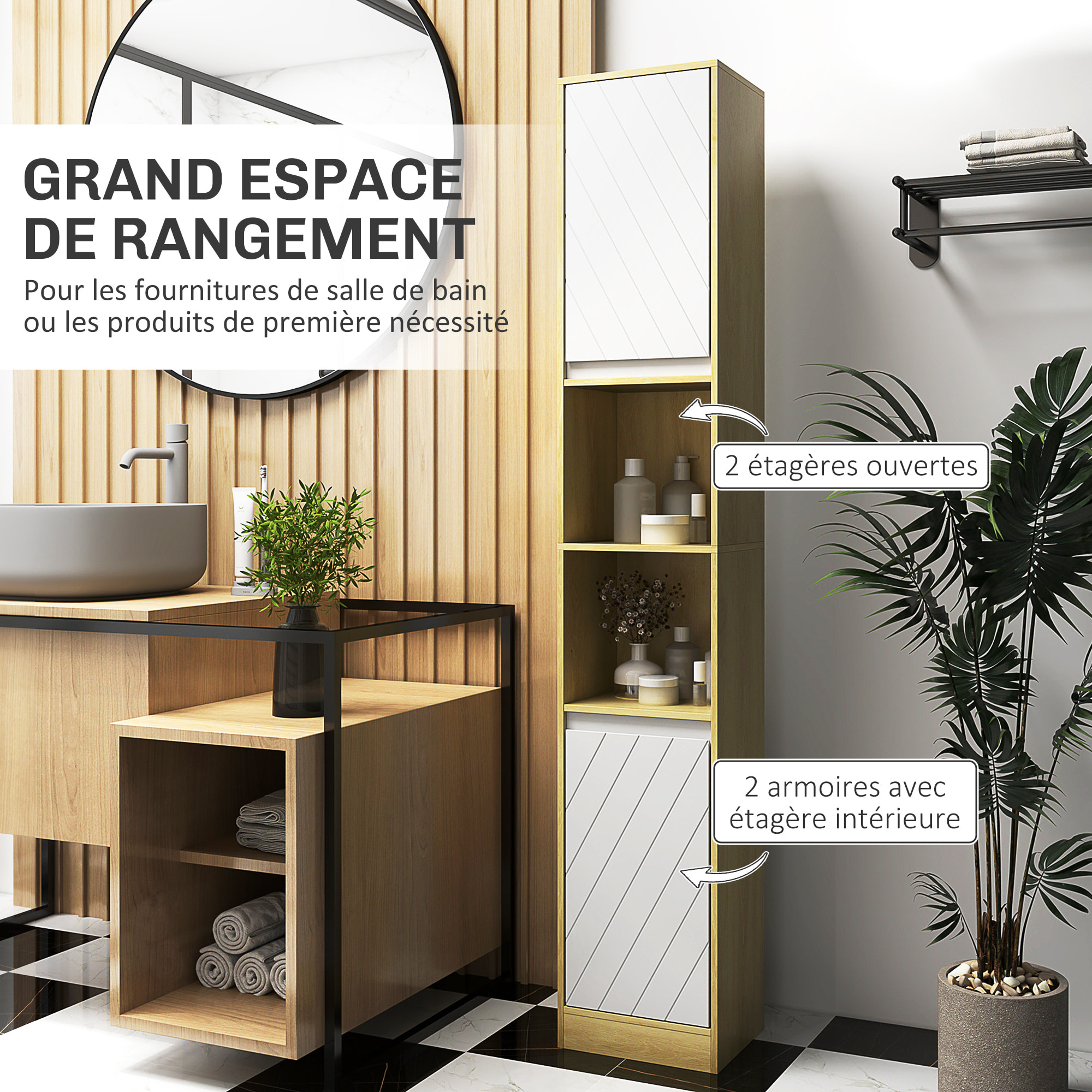 Colonne meuble salle de bain style cosy H.170 cm 2 portes étagère 2 niches effet bois clair blanc