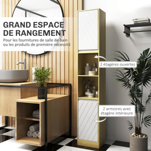 Colonne meuble salle de bain style cosy H.170 cm 2 portes étagère 2 niches effet bois clair blanc