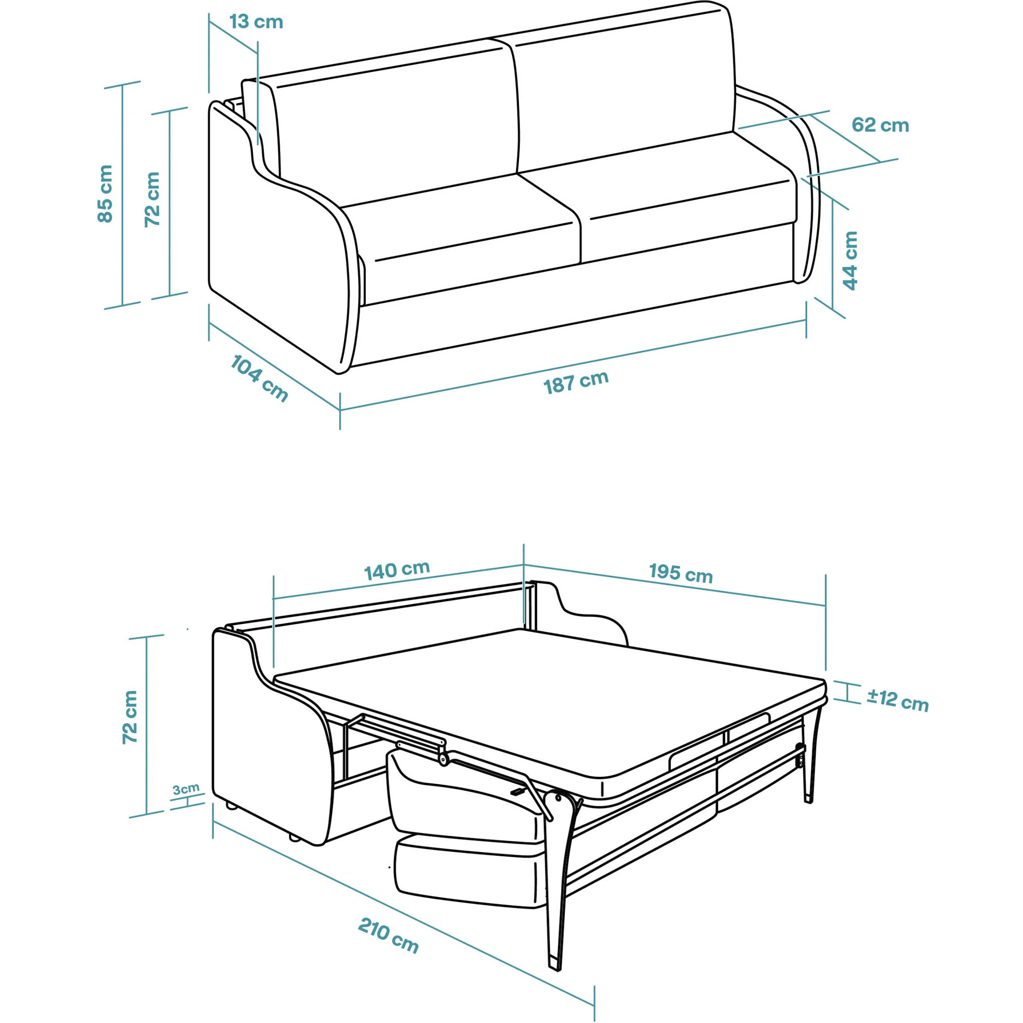 Sofá Cama Basic - Apertura Estilo Italiano - Colchón Matrimonio 140x195 - Tejido Anti-Manchas - 2 Cojines Función Almohada incluídos - 5 Años de Garantía