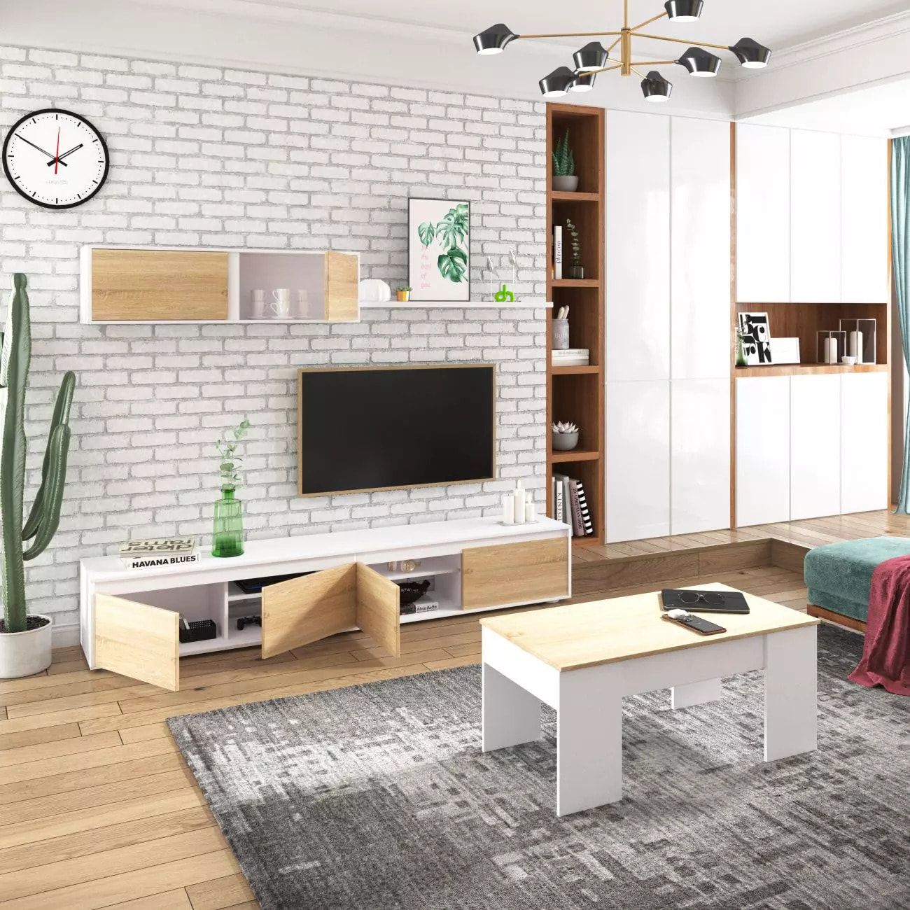 Pack salón con mesa de centro Arlet Plus V2 Blanco Artik (Blanco Mate) - Roble Canadian