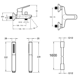 Douchette stick Shift Ellipse noir et chrome avec mitigeur bain douche et flexible lisse anti-torsion Noir