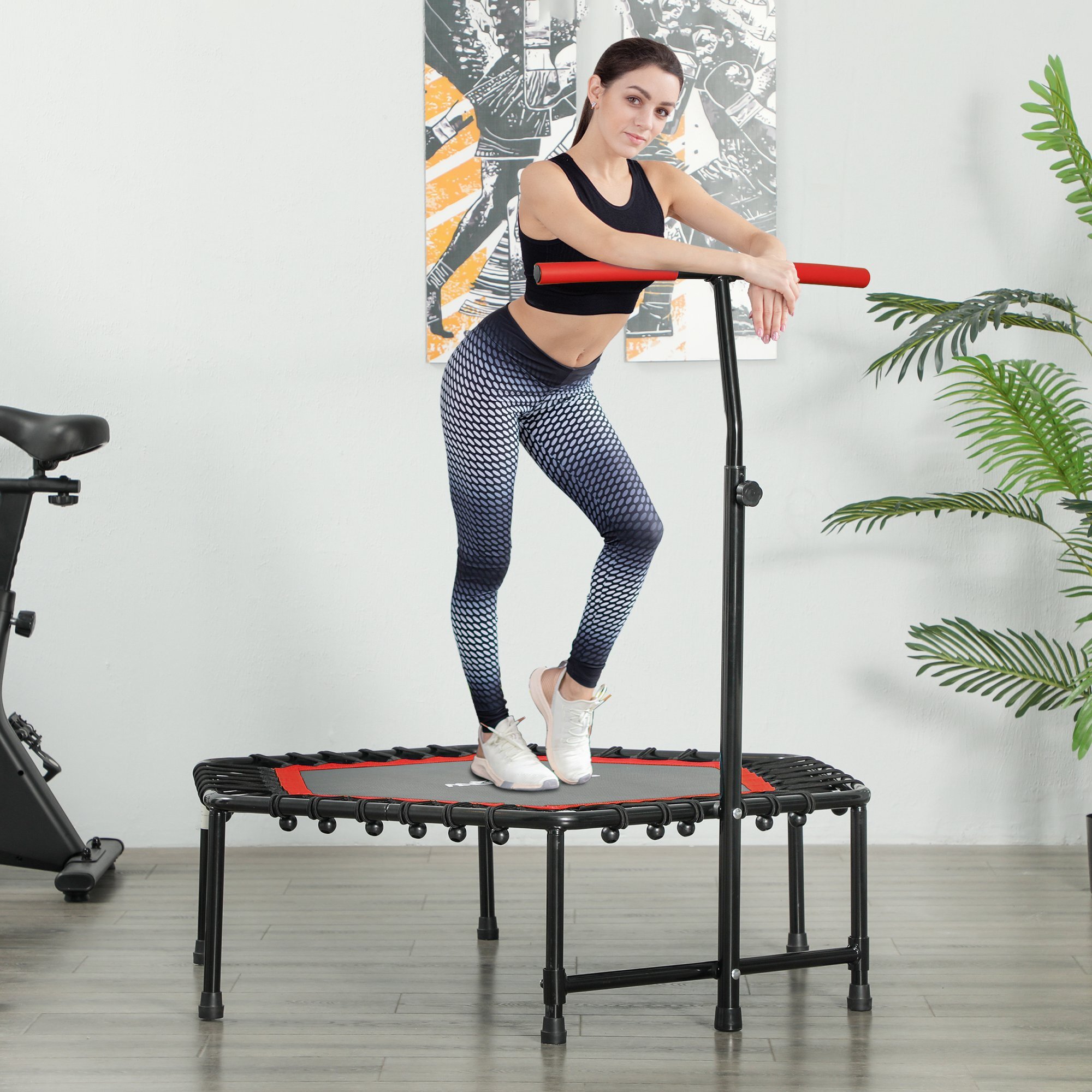 Trampolín de Fitness 114x114x132 cm Cama Elástica Fitness con Mango Ajustable de 3 Niveles Marco de Acero para Entrenamiento Piernas Cuerpo en Hogar Oficina Gimnasio Rojo
