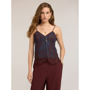 Motivi - Top de encaje con camisola interior y dobladillo festoneado - Azul