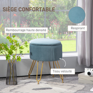 Pouf coffre style Art déco - piètement épingle acier doré assise velours bleu clair