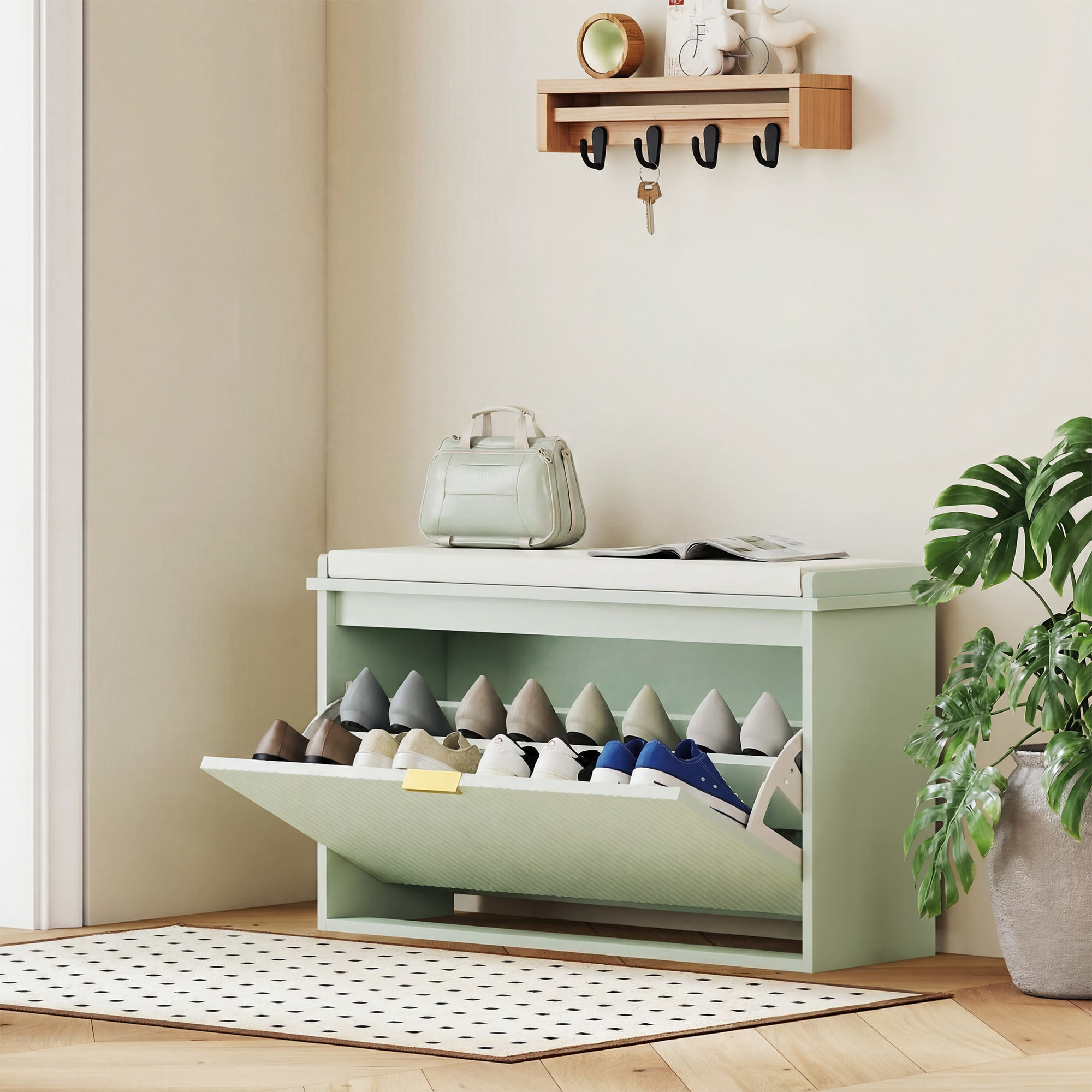 Banco Zapatero Estrecho, Banco Recibidor con Asiento Acolchado, Cajón Abatible y Estante Ajustable, para 8 Pares de Zapatos, para Entrada, Dormitorio, 80x26x47,5 cm, Verde Claro