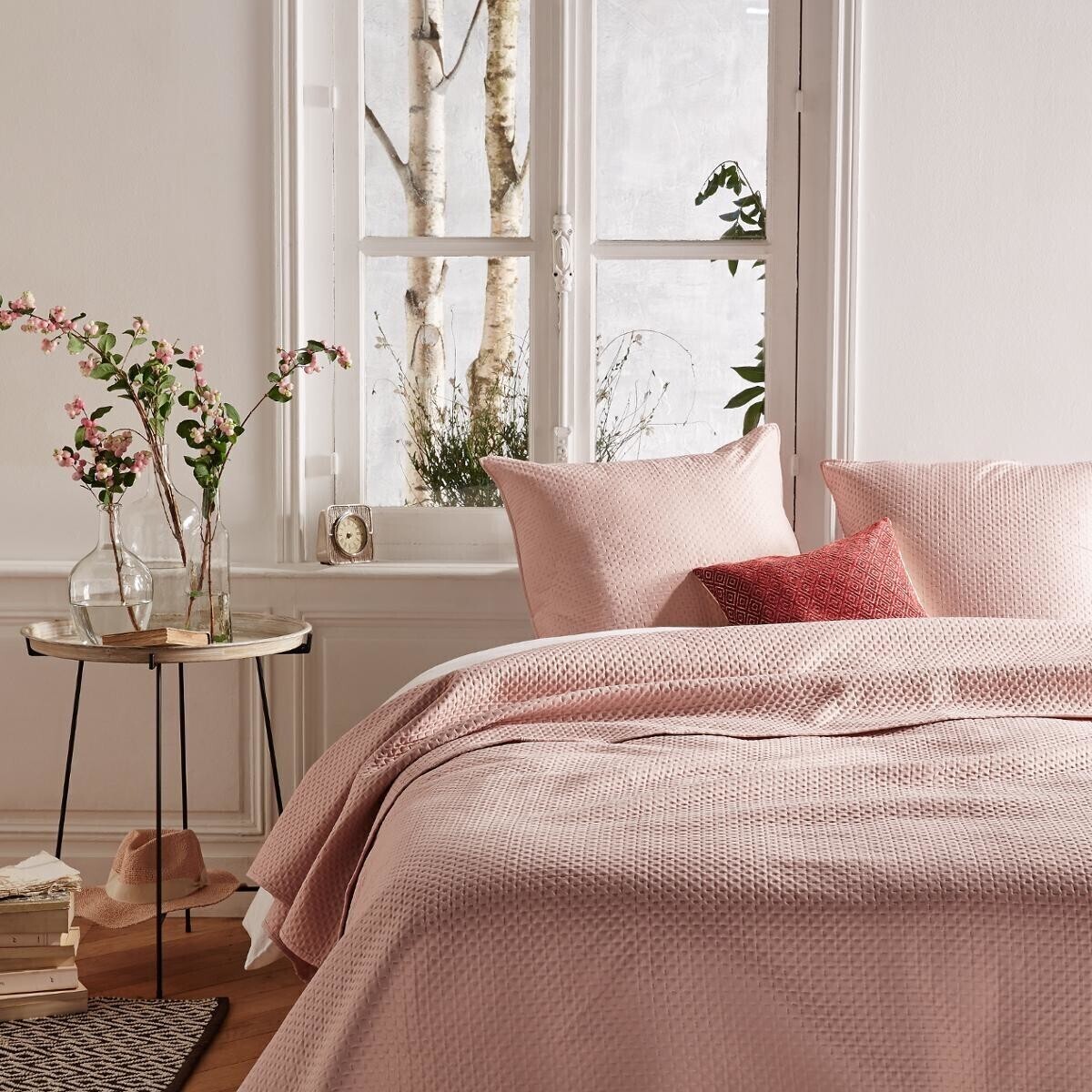 Dessus de lit + 2 taies "Dolce" rose poudré - 260x240 cm
