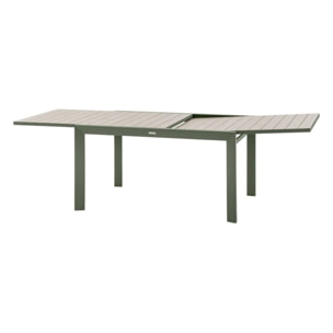 Table de jardin extensible coulissante "Évasion" effet bois lin & vert laurier 10 places lates en aluminium