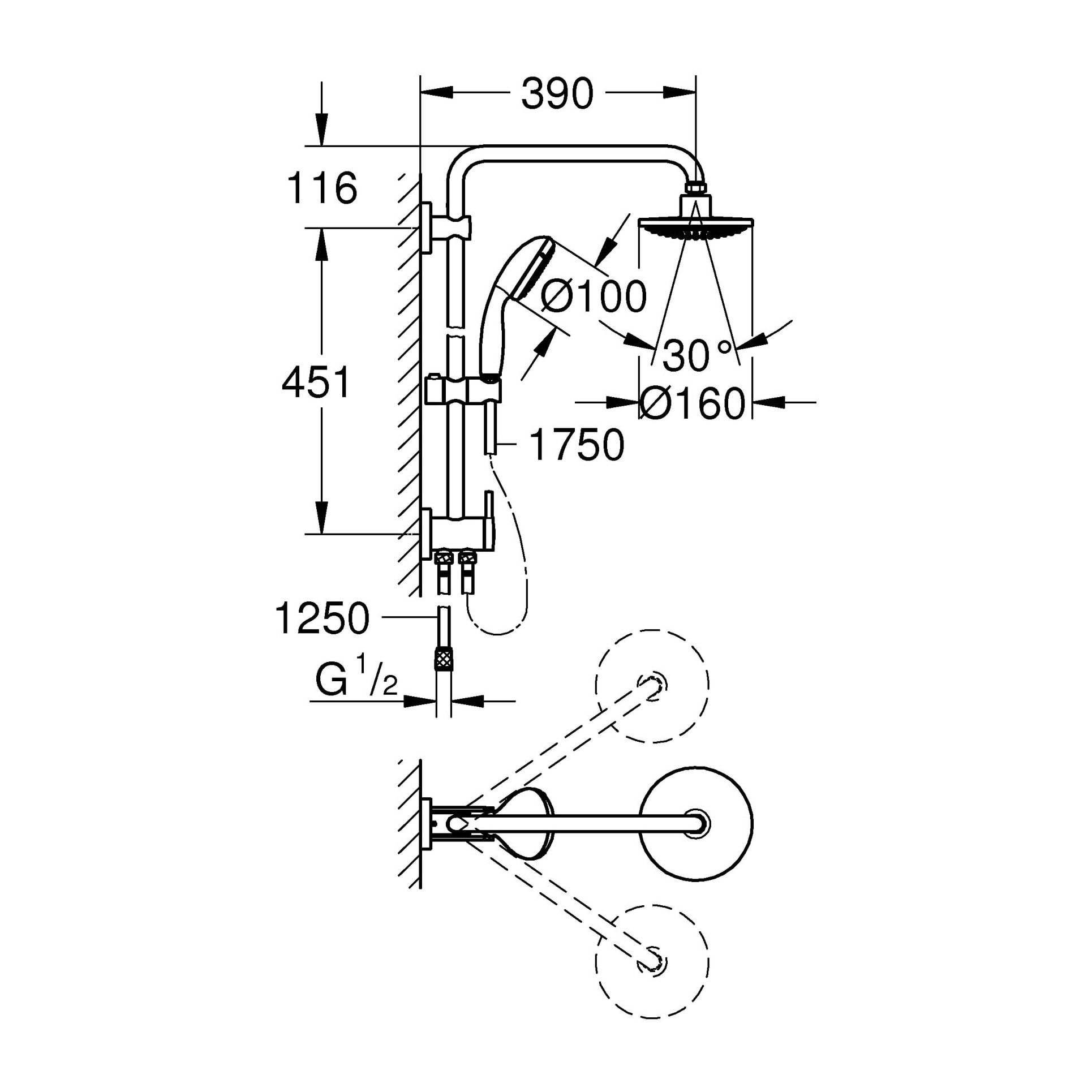 GROHE Vitalio Start 160 Colonne de douche avec inverseur manuel Chromé 26226000