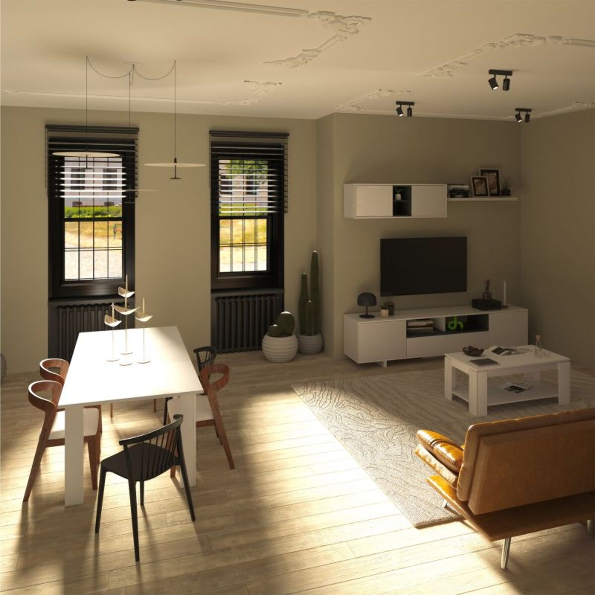 Pack salón con mesa de comedor Kenzo Plus VA Blanco Brillo - Gris Antracita