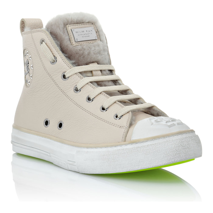 PHILIPP PLEIN Leather Hi-Top Sneakers shearling lining Megastar