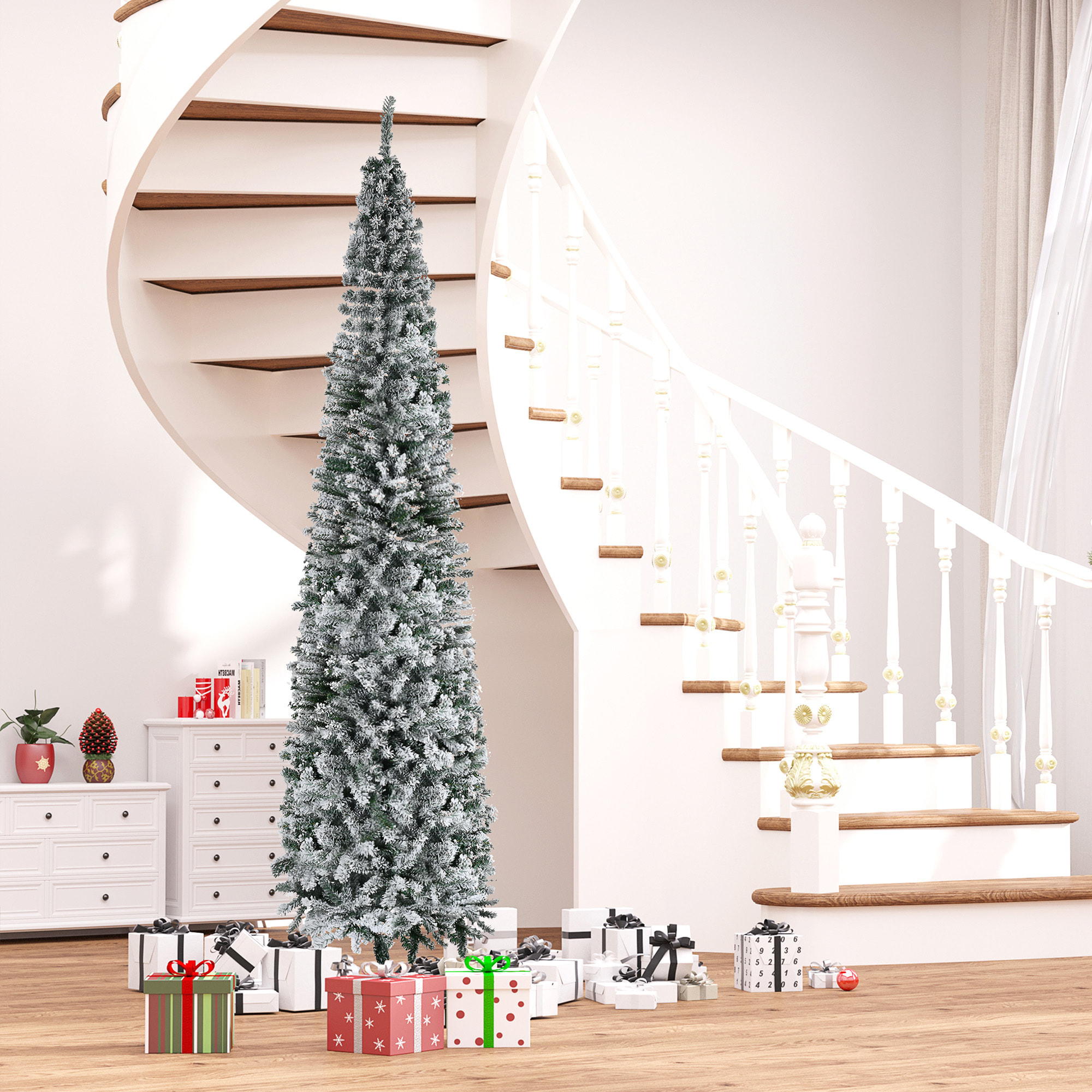 Árbol de Navidad Estrecho 270 cm Árbol de Navidad Artificial Nevado con 1014 Ramas y Soporte de Metal Árbol Navideño para Salón Verde y Blanco