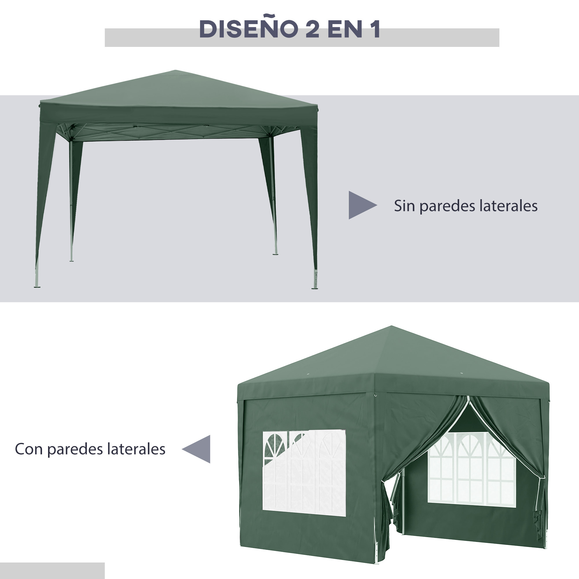 Carpa Plegable con 4 Paredes Desmontables 3x3 m Cenador de Jardín Gazebo Impermeable Protección UV y Bolsa de Transporte Pabellón para Recepción Eventos Camping Cerveza Verde