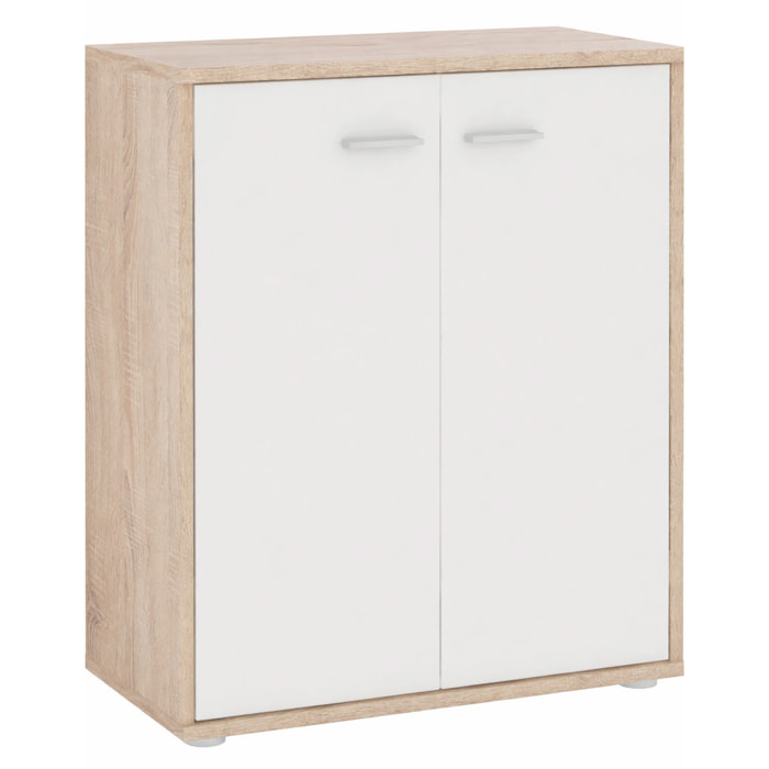 Madia Credenza Moderna 2 Ante con Ripiano Mobile Salvaspazio Per Soggiorno Ingresso Cucina Stile Nordico 74 x 68 x 34 Cm Colore Bianco E Rovere