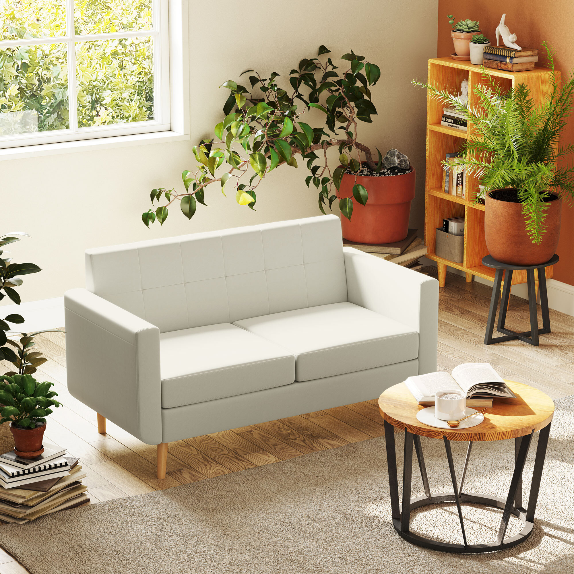 Sofá de 2 Plazas Sofá Tapizado en Lino Sintético Sofá de Salón con Reposabrazos y Patas de Madera Sofá Pequeño Carga 250 kg para Dormitorio Oficina Crema